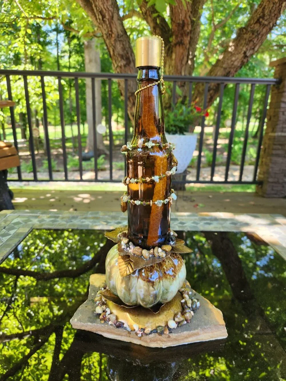 Upcycled Tiki Torch Carnelian Stone Accents Flagstone Base
